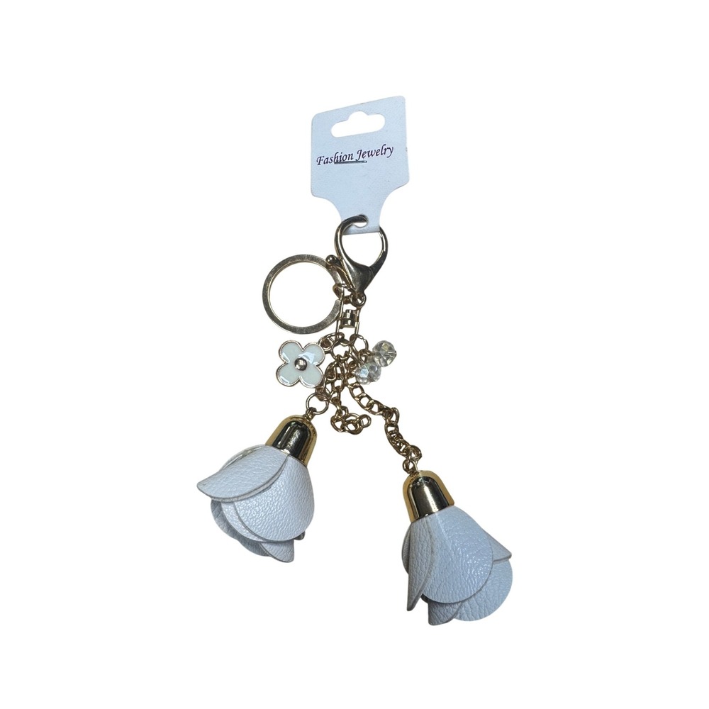 Fashion Jewelry Keychain Purse Charm White Flower Tassel Gold Chain